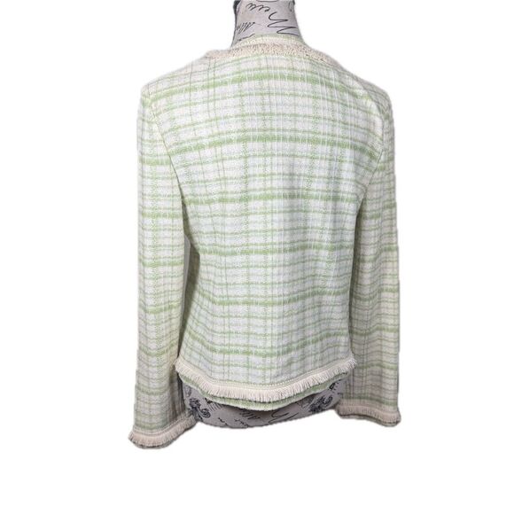 St. John Collection Green Knit Tweed Blazer Jacket Fringe Hem Single Clasp Sz 8 - Picture 7 of 12